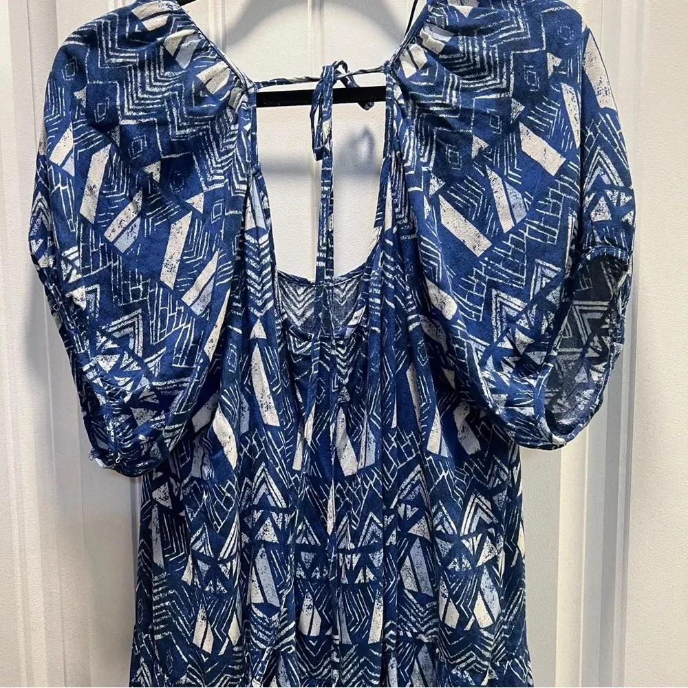 Knox Rose A-Line Blue Geometric Short-Sleeve Midi‎ Dress. Size Large. - Picture 10 of 13